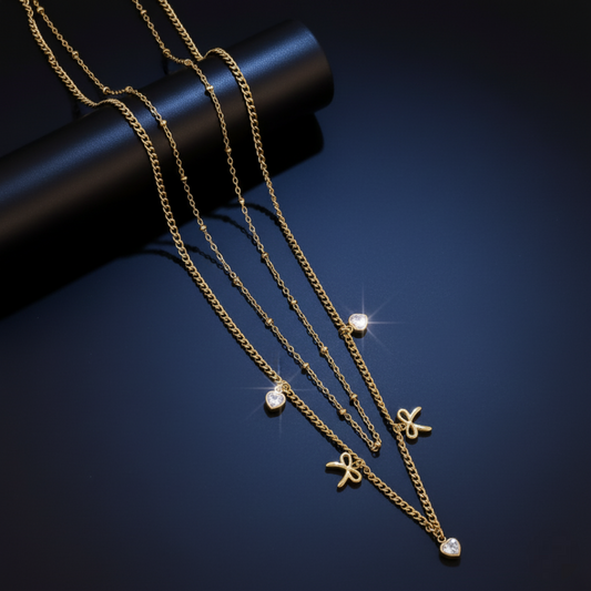 Bowknot And Golden Heart Diamond With Two Layered Chain, Necklace For Women