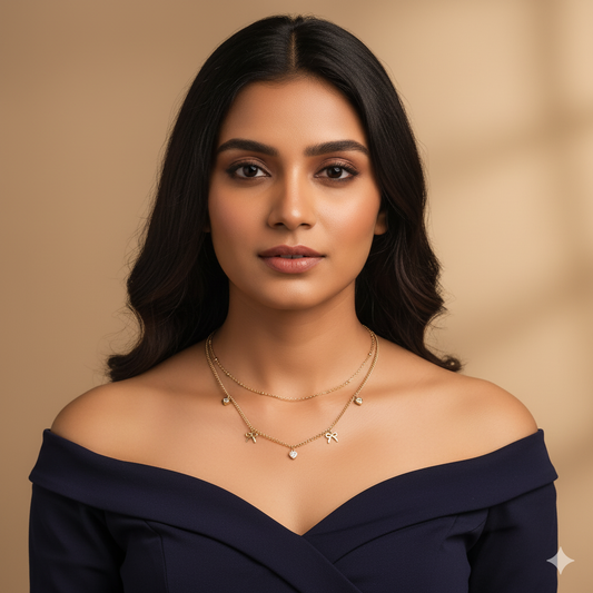 Bowknot And Golden Heart Diamond With Two Layered Chain, Necklace For Women