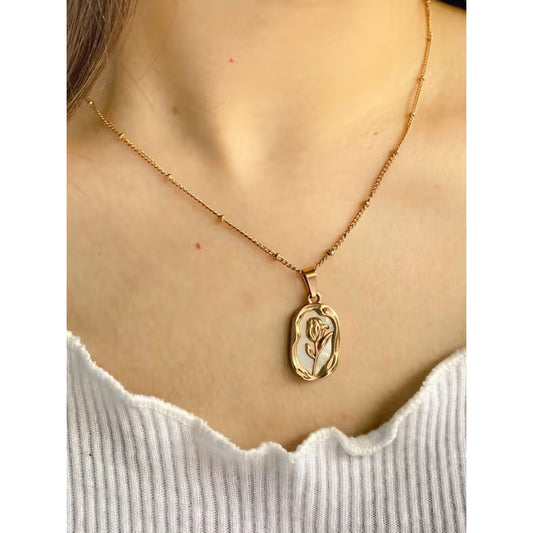White Rose Themed Gold-Plated Pendant Necklace For Women
